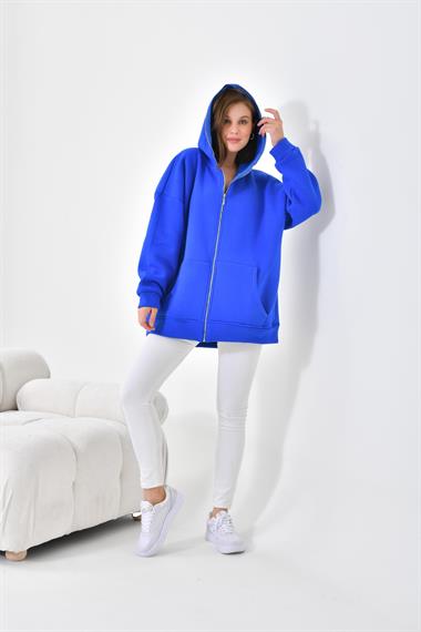 Firoy Kadın Oversize 3 İp Şardonlu Fermuarlı Sweatshırt  Saks Mavi