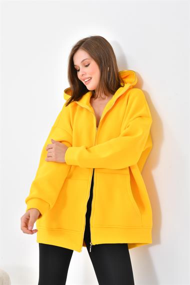 Firoy Kadın Oversize 3 İp Şardonlu Fermuarlı Sweatshırt  Sarı