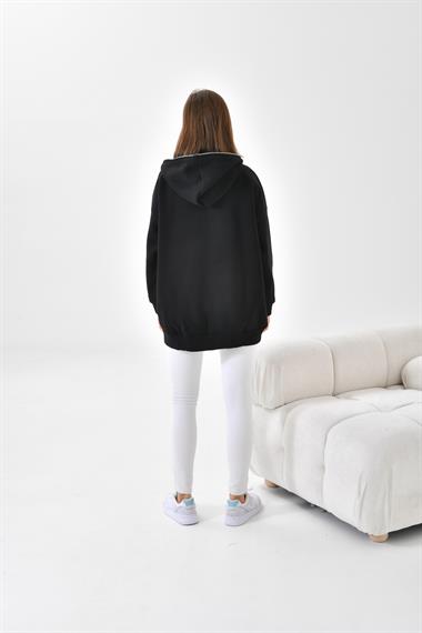 Firoy Kadın Oversize 3 İp Şardonlu Fermuarlı Sweatshırt  Siyah