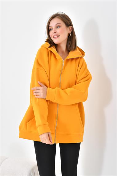 Firoy Kadın Oversize 3 İp Şardonlu Fermuarlı Sweatshırt  Hardal