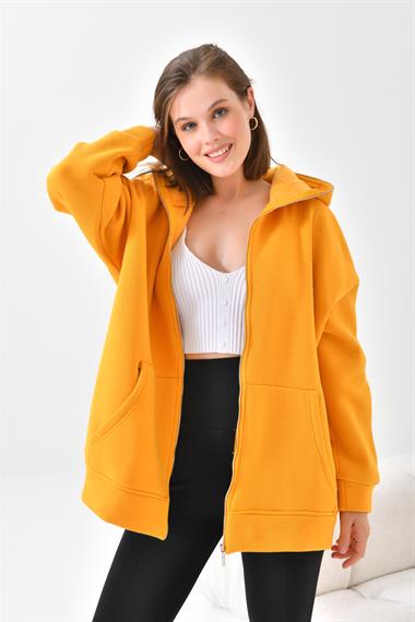 Firoy Kadın Oversize 3 İp Şardonlu Fermuarlı Sweatshırt  Hardal