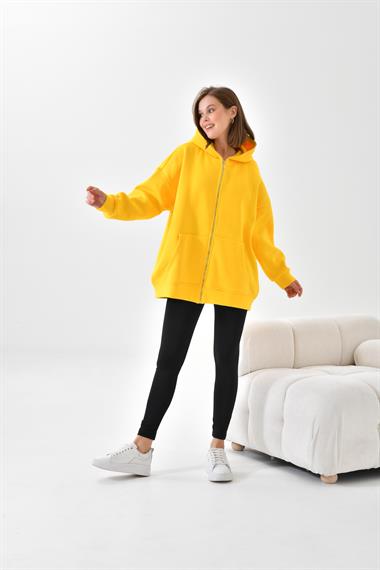 Firoy Kadın Oversize 3 İp Şardonlu Fermuarlı Sweatshırt  Sarı