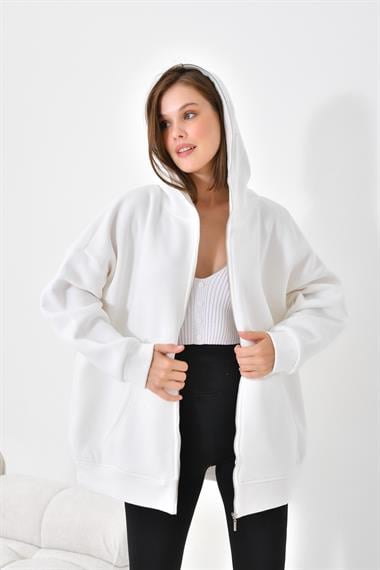 Firoy Kadın Oversize 3 İp Şardonlu Fermuarlı Sweatshırt  Ekru