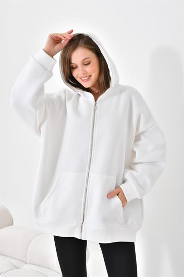Firoy Kadın Oversize 3 İp Şardonlu Fermuarlı Sweatshırt  Ekru