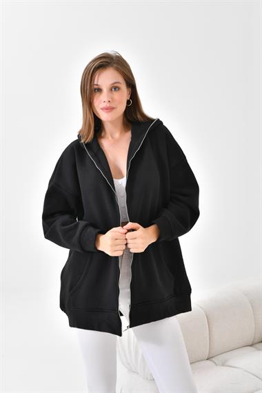 Firoy Kadın Oversize 3 İp Şardonlu Fermuarlı Sweatshırt  Siyah