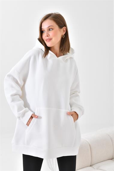 Firoy Kadın Oversize 3 İp Şardonlu Kapüşonlu Sweatshirt  Ekru