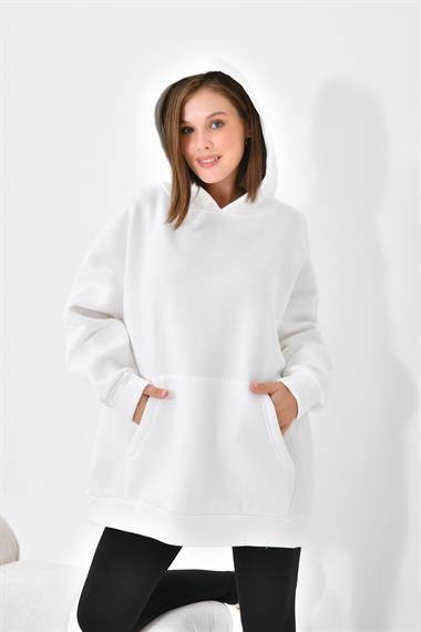 Firoy Kadın Oversize 3 İp Şardonlu Kapüşonlu Sweatshirt  Ekru