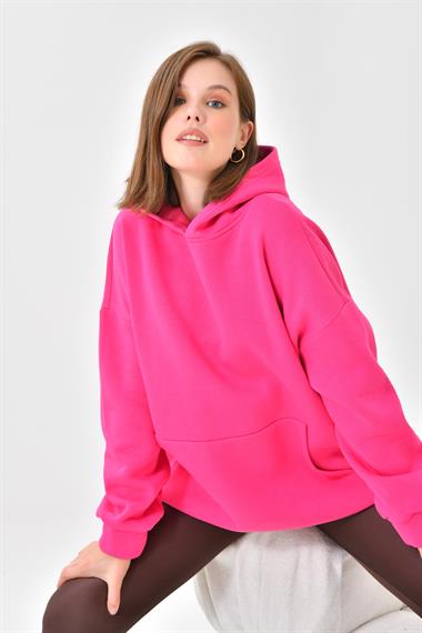 Firoy Kadın Oversize 3 İp Şardonlu Kapüşonlu Sweatshirt  Fuşya