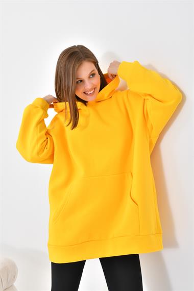 Firoy Kadın Oversize 3 İp Şardonlu Kapüşonlu Sweatshirt  Sarı