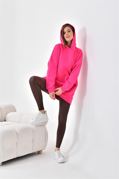 Firoy Kadın Oversize 3 İp Şardonlu Kapüşonlu Sweatshirt  Fuşya