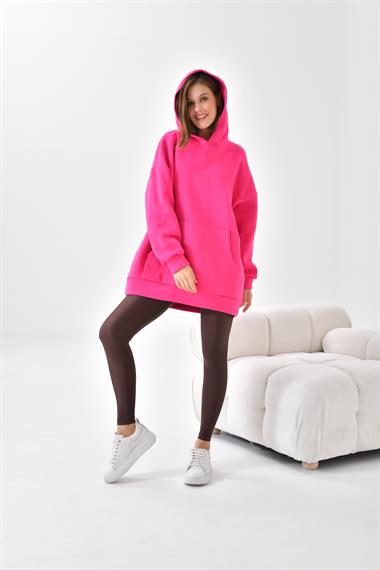 Firoy Kadın Oversize 3 İp Şardonlu Kapüşonlu Sweatshirt  Fuşya