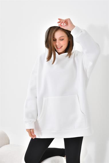 Firoy Kadın Oversize 3 İp Şardonlu Kapüşonlu Sweatshirt  Ekru