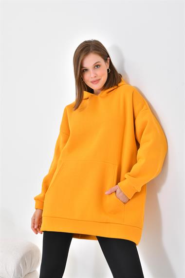 Firoy Kadın Oversize 3 İp Şardonlu Kapüşonlu Sweatshirt  Hardal