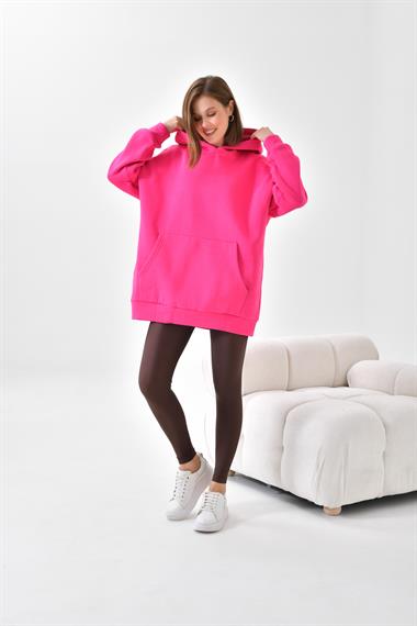 Firoy Kadın Oversize 3 İp Şardonlu Kapüşonlu Sweatshirt  Fuşya