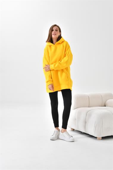 Firoy Kadın Oversize 3 İp Şardonlu Kapüşonlu Sweatshirt  Sarı