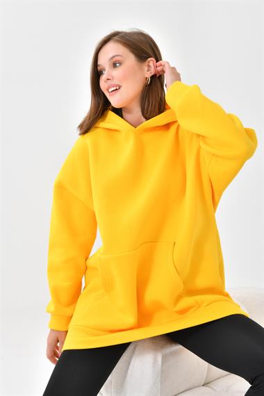 Firoy Kadın Oversize 3 İp Şardonlu Kapüşonlu Sweatshirt  Sarı