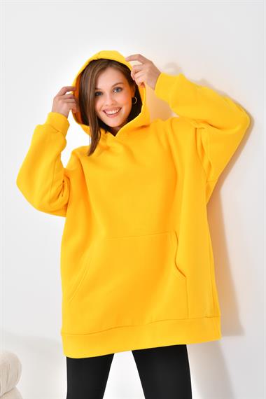 Firoy Kadın Oversize 3 İp Şardonlu Kapüşonlu Sweatshirt  Sarı