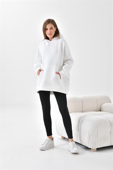 Firoy Kadın Oversize 3 İp Şardonlu Kapüşonlu Sweatshirt  Ekru