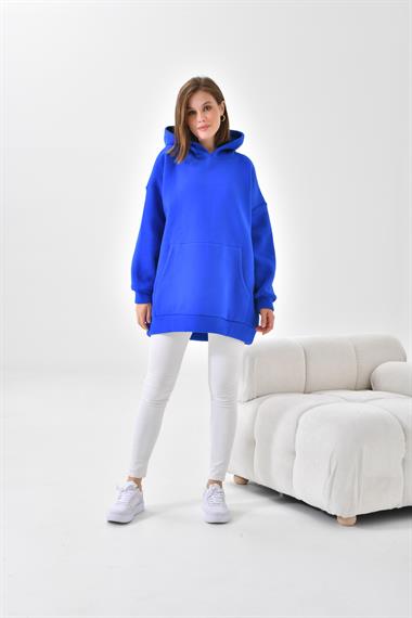 Firoy Kadın Oversize 3 İp Şardonlu Kapüşonlu Sweatshirt  Saks Mavi