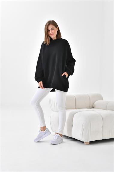 Firoy Kadın Oversize 3 İp Şardonlu Sweatshirt  Siyah
