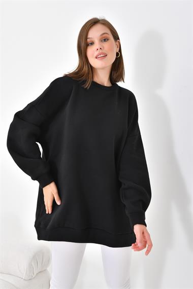 Firoy Kadın Oversize 3 İp Şardonlu Sweatshirt  Siyah