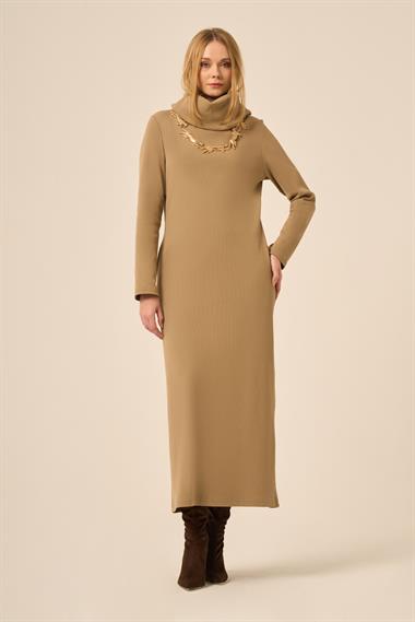 Firoy Kadın Ribana Elbise  Camel
