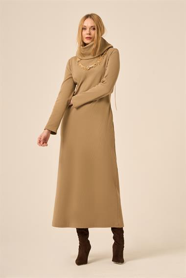 Firoy Kadın Ribana Elbise  Camel