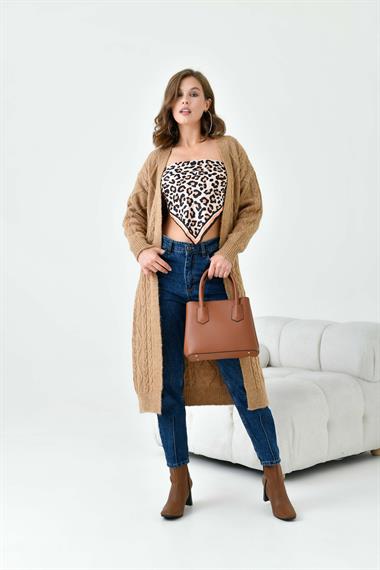 Firoy Kadın Saç Örgülü Hırka  Camel