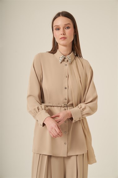 Firoy Kadın Şifon Detay Pantolonlu Takım  Beige