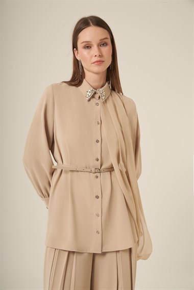 Firoy Kadın Şifon Detay Pantolonlu Takım  Beige