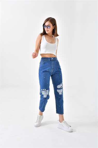 Firoy Kadın Taşlı Jean Pantolon  Lacivert