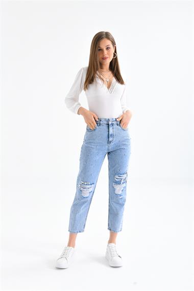 Firoy Kadın Taşlı Jean Pantolon  Mavi