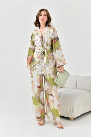 Firoy Kadın Varak Detay Kimono Takım  Olive