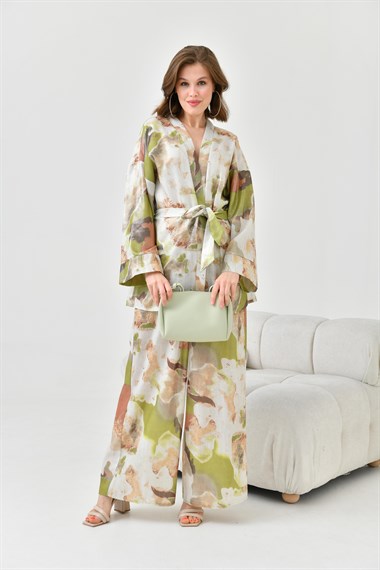 Firoy Kadın Varak Detay Kimono Takım  Olive