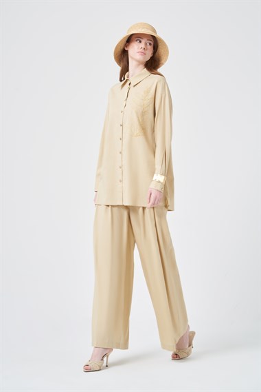 Firoy Kadın Zincir İşleme Tencel Keten Takım  Beige