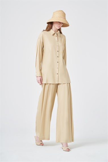Firoy Kadın Zincir İşleme Tencel Keten Takım  Beige