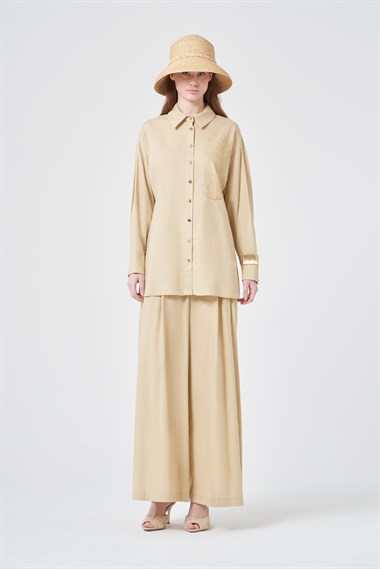 Firoy Kadın Zincir İşleme Tencel Keten Takım  Beige