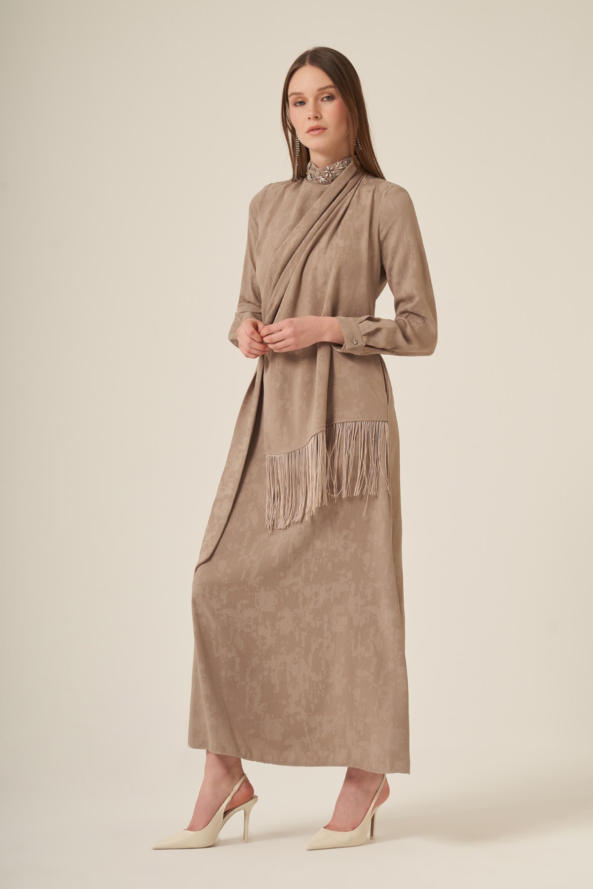 Firoy Kadın Jakar Elbise  Beige