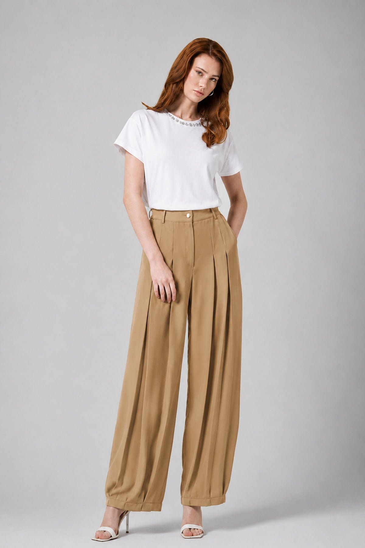 Firoy Kadın Ön Pliseli Şalvar Pantolon  Camel