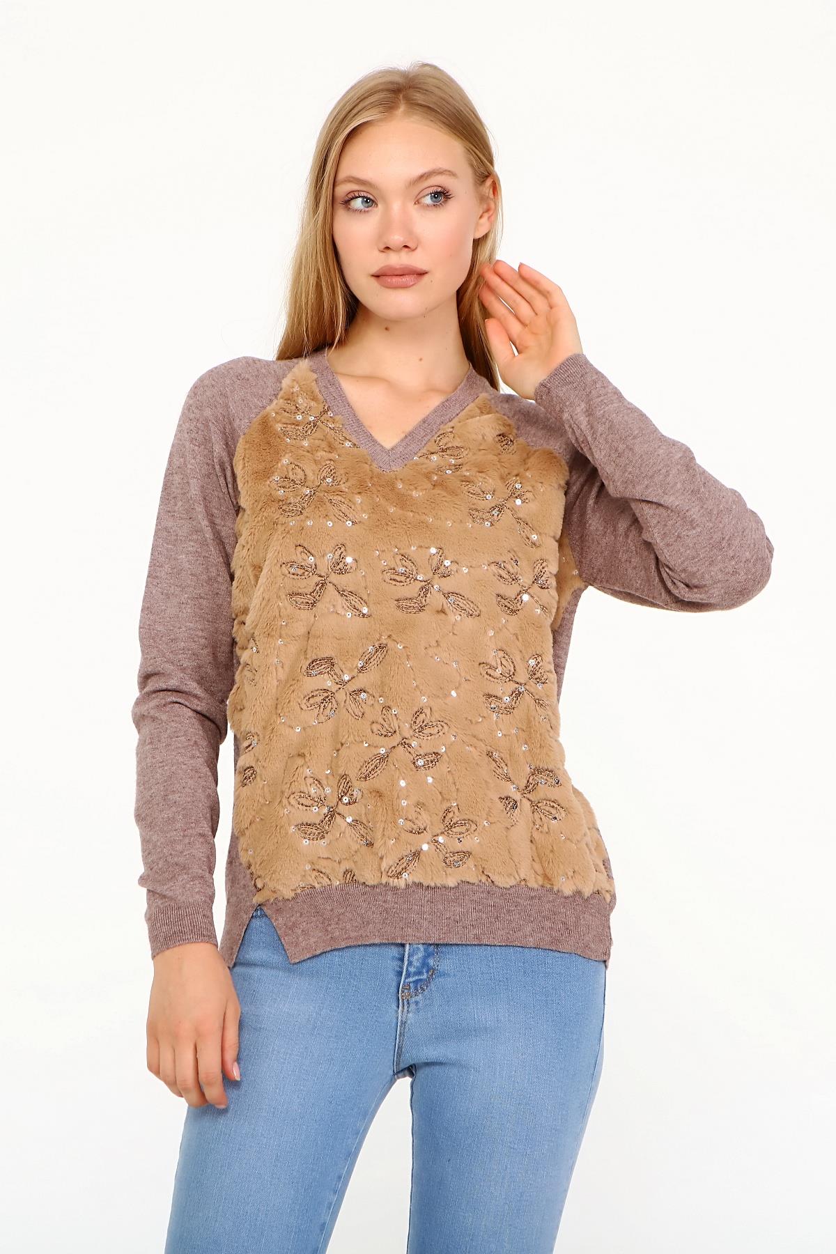 Firoy Kadın Peluş Nakışlı Triko  Beige
