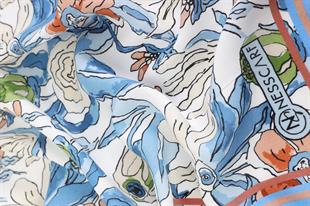 Çiçek Desenli Mavi Pamuklu Şal