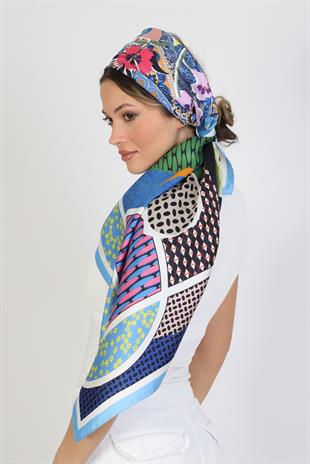 Çiçek Desenli Twill İpek Eşarp / Fular 95x95