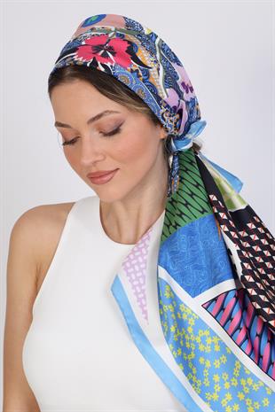 Çiçek Desenli Twill İpek Eşarp / Fular 95x95