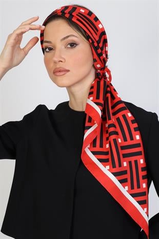 Çizgi Desenli Kırmızı Twill İpek Eşarp / Fular 95x95
