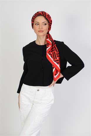 Çizgi Desenli Kırmızı Twill İpek Eşarp / Fular 95x95