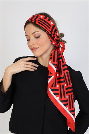 Çizgi Desenli Kırmızı Twill İpek Eşarp / Fular 95x95