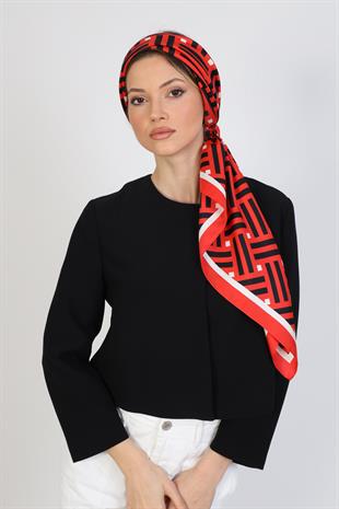 Çizgi Desenli Kırmızı Twill İpek Eşarp / Fular 95x95