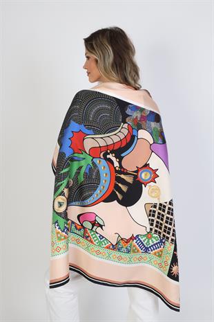 Kadın Figürlü Desen Twill İpek Eşarp 95x95