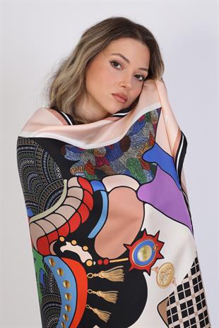 Kadın Figürlü Desen Twill İpek Eşarp 95x95