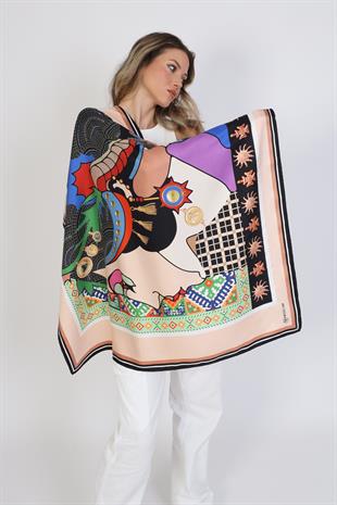 Kadın Figürlü Desen Twill İpek Eşarp 95x95